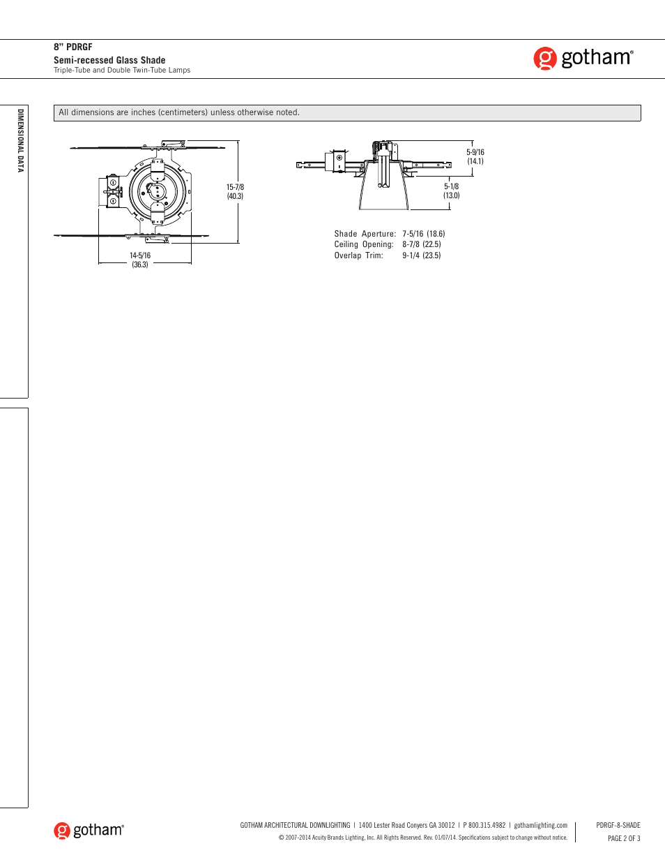 Gotham 8 PDRGF Semi-recessed Glass Shade SpecSheet User Manual | Page 2 / 3