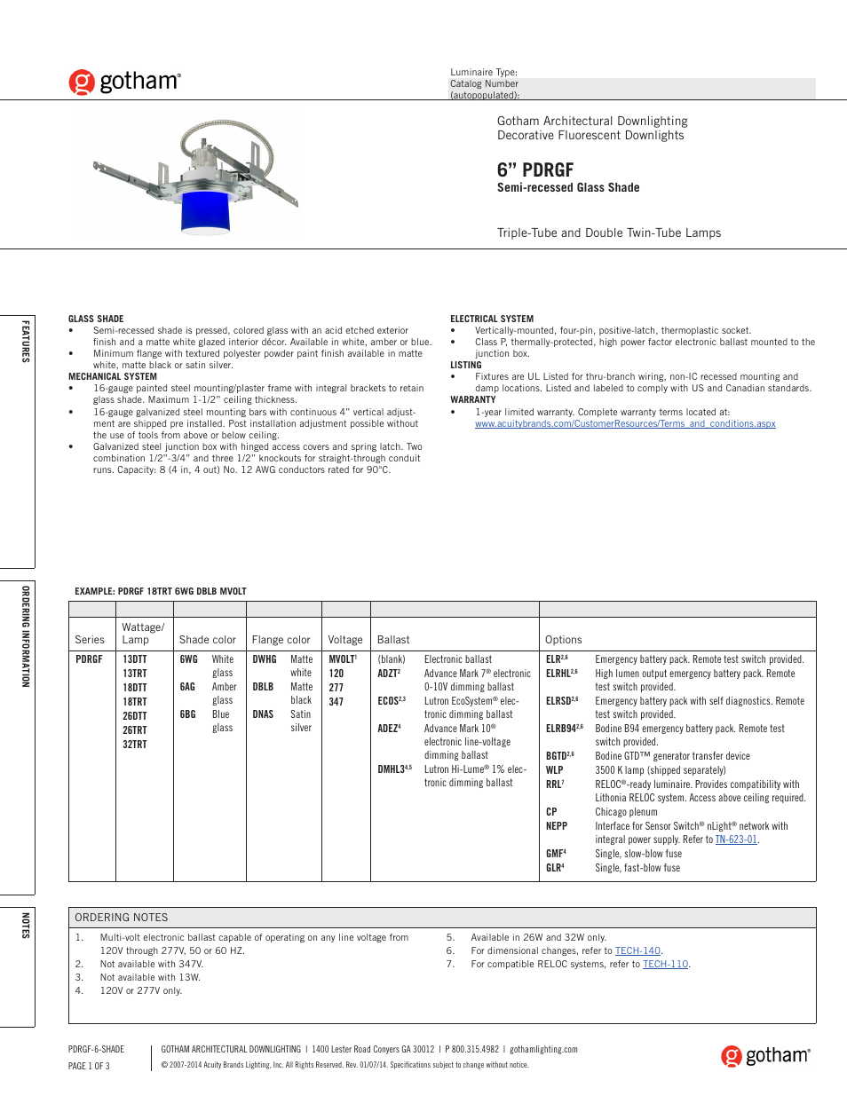 Gotham 6 PDRGF Semi-recessed Glass Shade SpecSheet User Manual | 3 pages