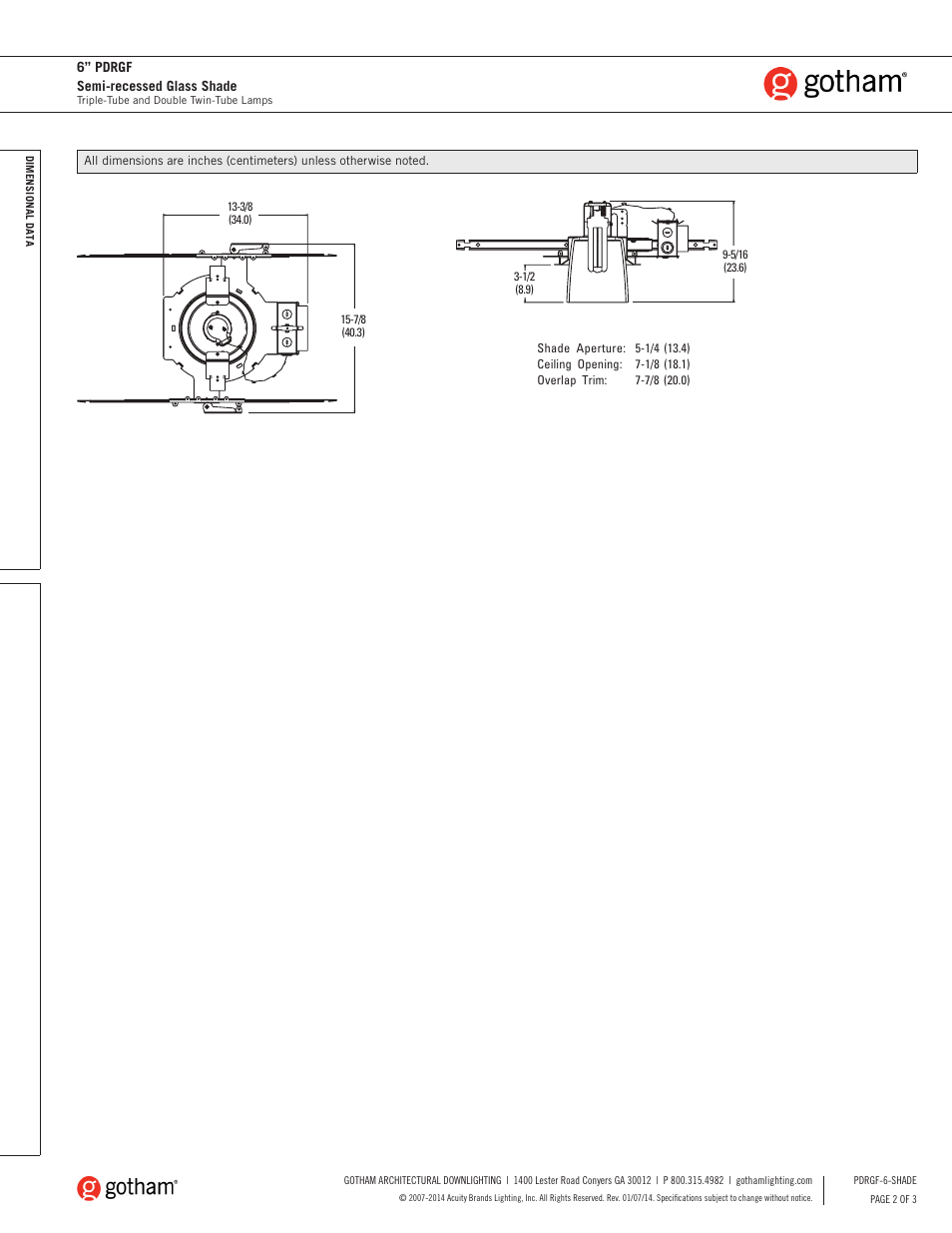 Gotham 6 PDRGF Semi-recessed Glass Shade SpecSheet User Manual | Page 2 / 3