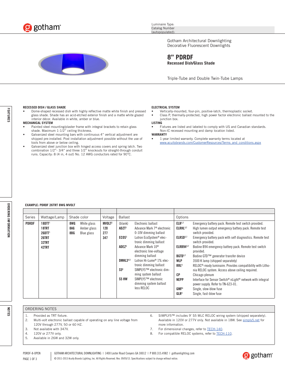 Gotham 8 PDRDF Recessed Dish_Glass Shade SpecSheet User Manual | 3 pages
