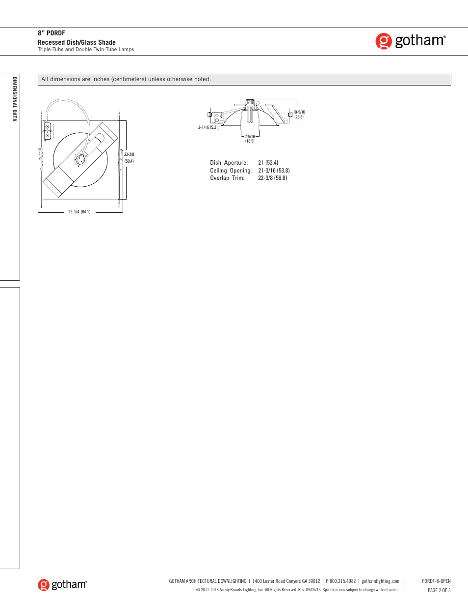 8” pdrdf recessed dish/glass shade | Gotham 8 PDRDF Recessed Dish_Glass Shade SpecSheet User Manual | Page 2 / 3
