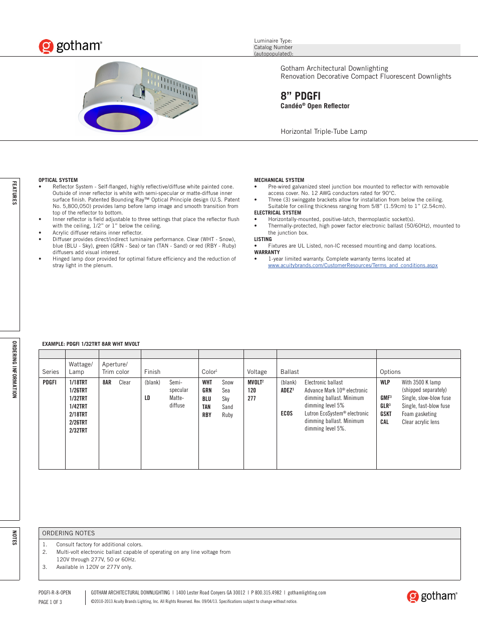 Gotham 8 PDGFI Candéo Open Reflector SpecSheet User Manual | 3 pages