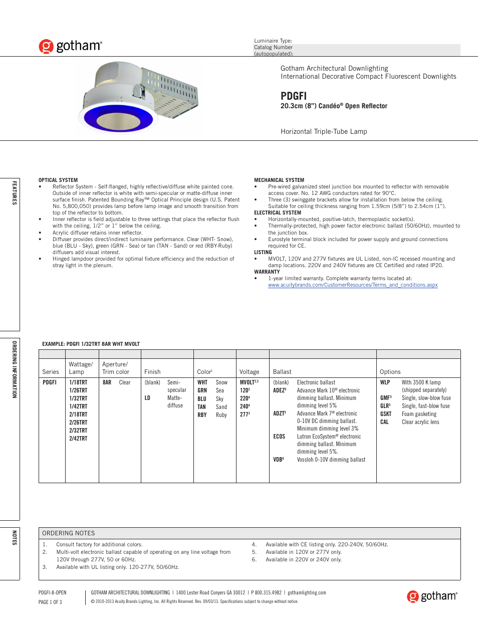 Gotham PDGFI 20.3cm (8) Candéo Open Reflector SpecSheet User Manual | 3 pages