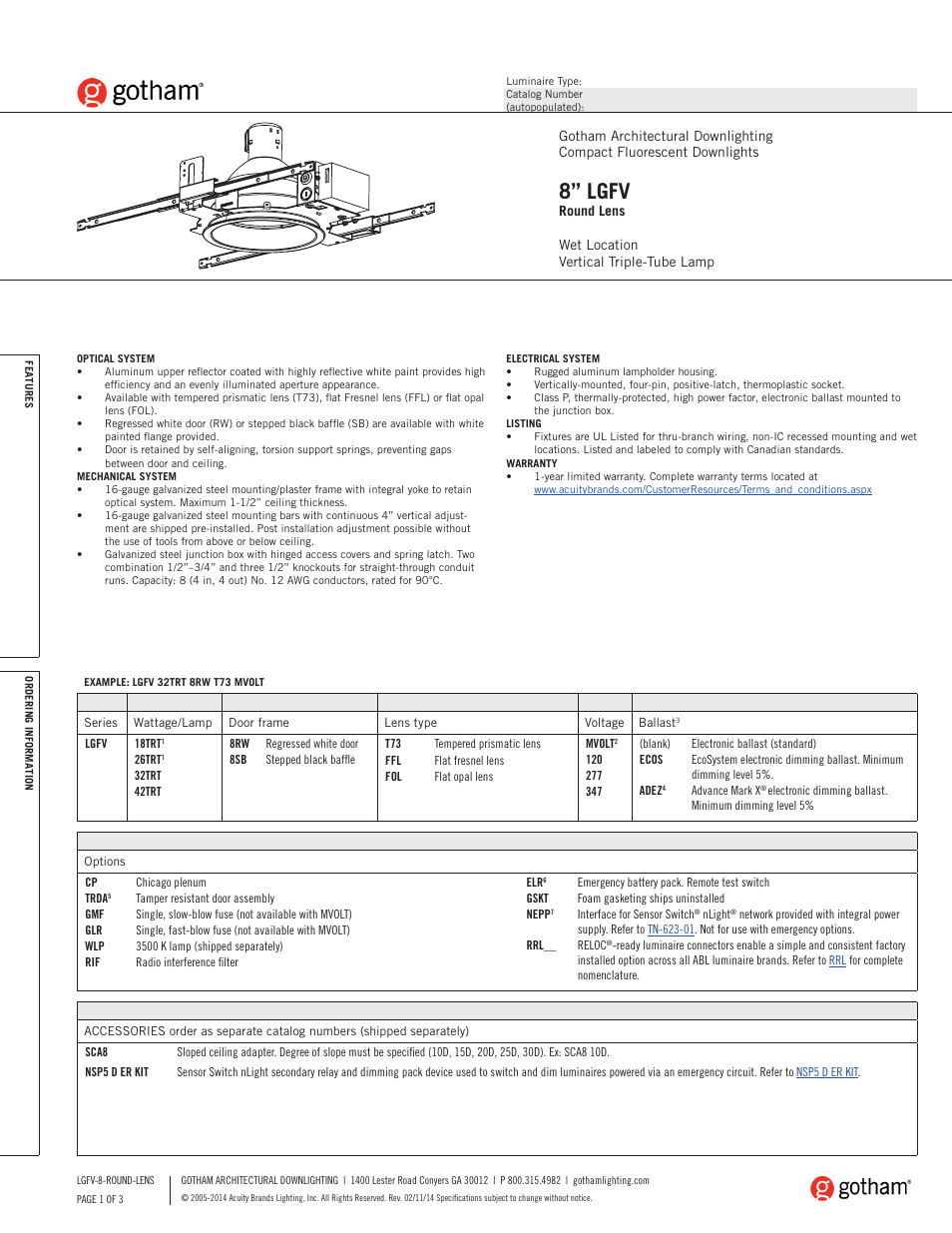 Gotham 8 LGFV Round Lens SpecSheet User Manual | 3 pages