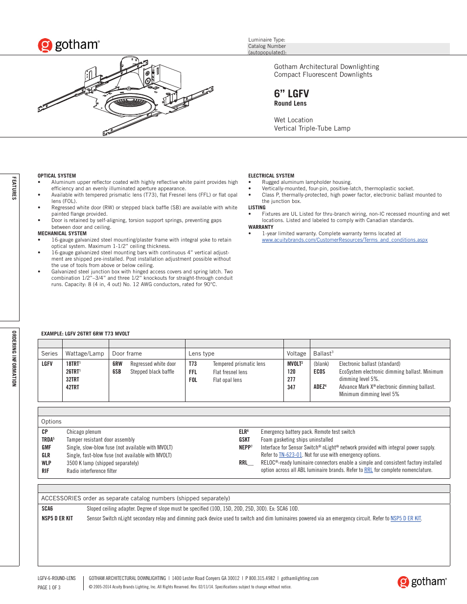 Gotham 6 LGFV Round Lens SpecSheet User Manual | 3 pages