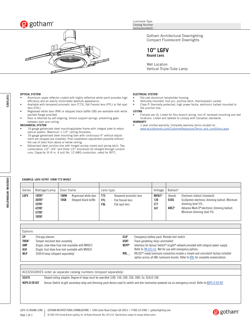 Gotham 10 LGFV Round Lens SpecSheet User Manual | 3 pages