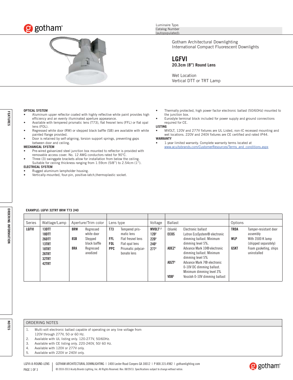 Gotham LGFVI 20.3cm (8) Round Lens SpecSheet User Manual | 3 pages