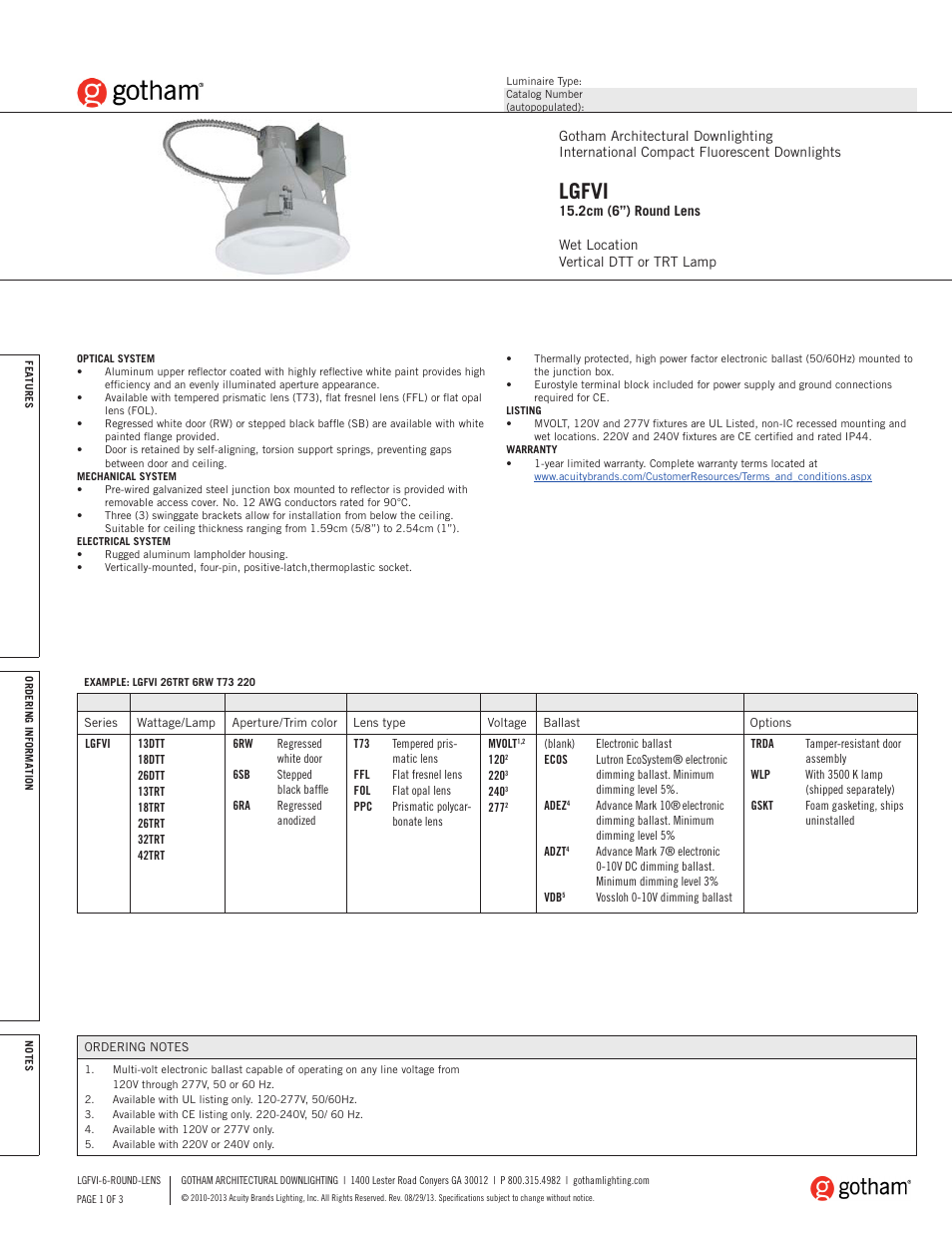 Gotham LGFVI 15.2cm (6) Round Lens SpecSheet User Manual | 3 pages