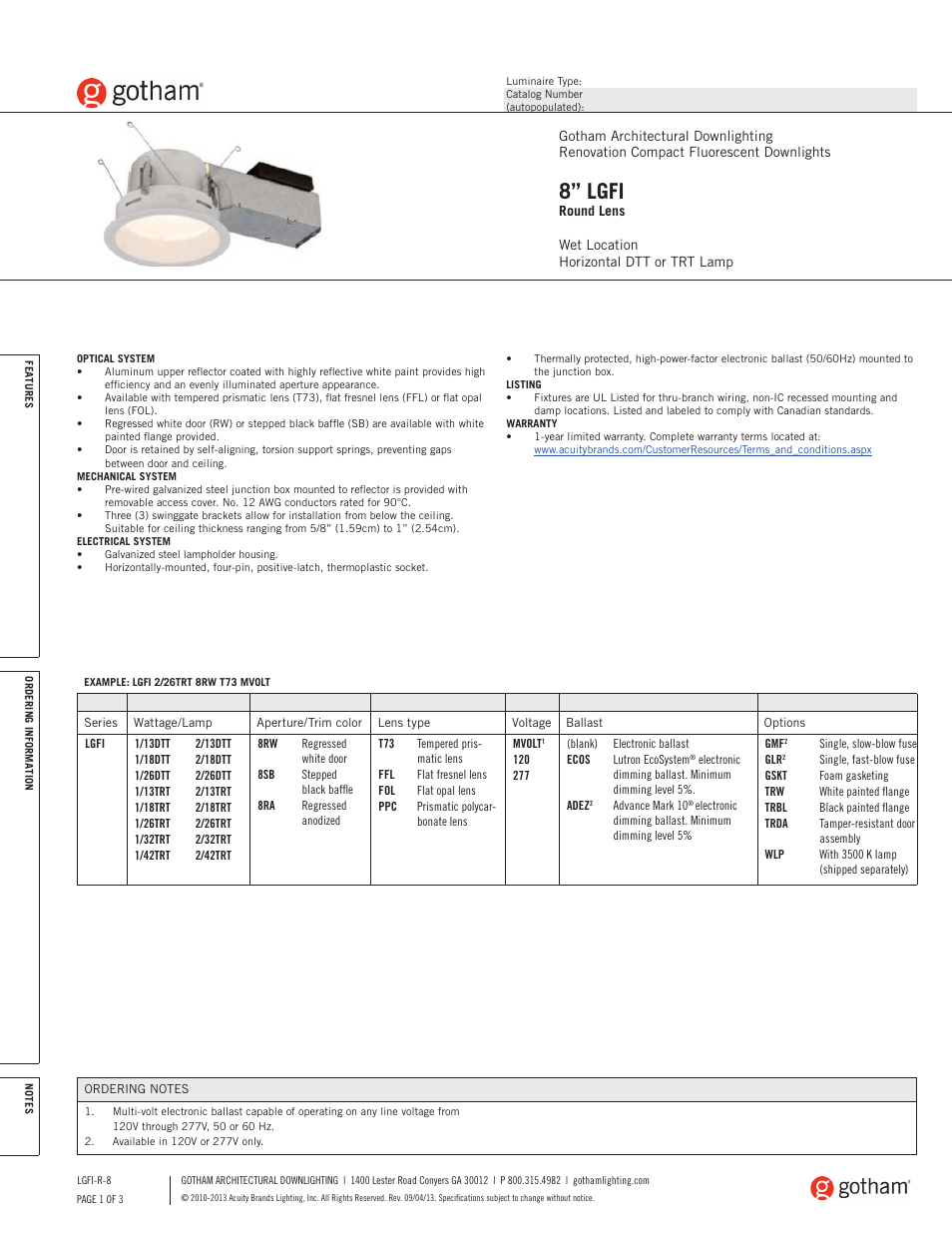 Gotham 8 LGFI Round Lens SpecSheet User Manual | 3 pages