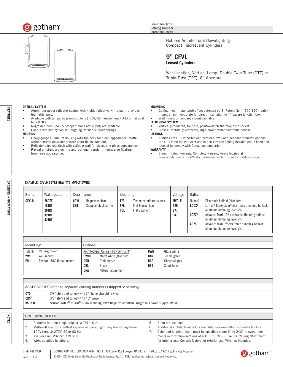 Gotham 9 CFVL Lensed Cylinders SpecSheet User Manual | 3 pages