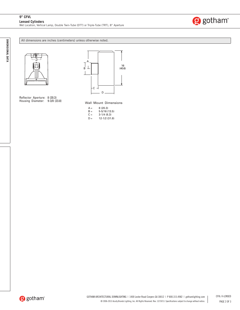 9” cfvl lensed cylinders | Gotham 9 CFVL Lensed Cylinders SpecSheet User Manual | Page 2 / 3