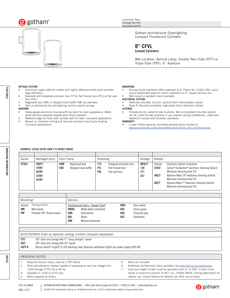 Gotham 8 CFVL Lensed Cylinders SpecSheet User Manual | 3 pages