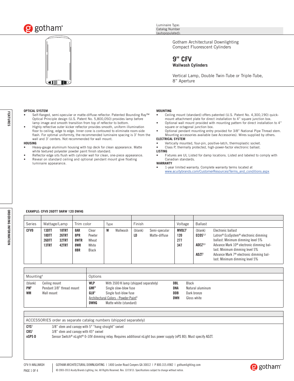 Gotham 9 CFV Wallwash Cylinders SpecSheet User Manual | 4 pages