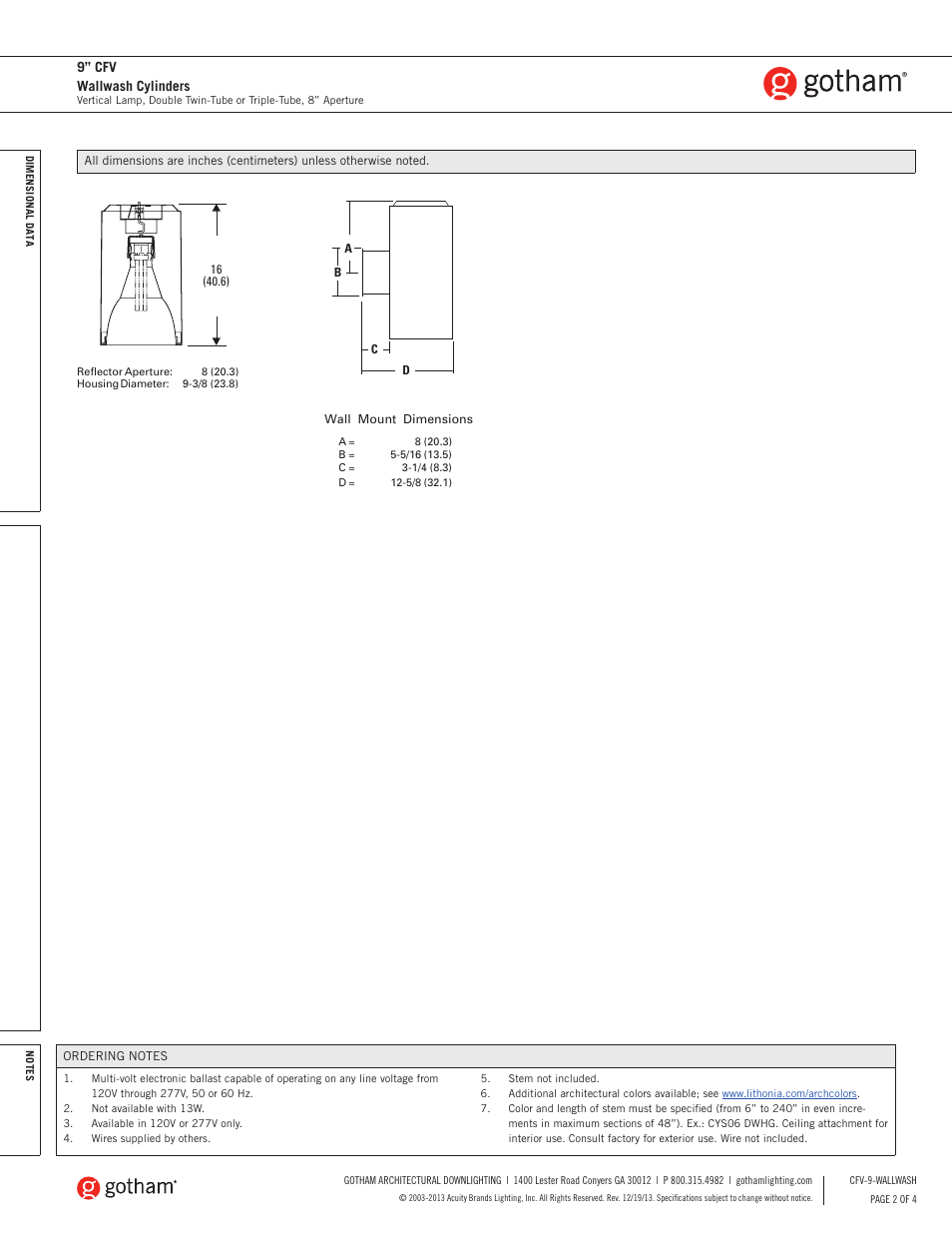 9” cfv wallwash cylinders | Gotham 9 CFV Wallwash Cylinders SpecSheet User Manual | Page 2 / 4