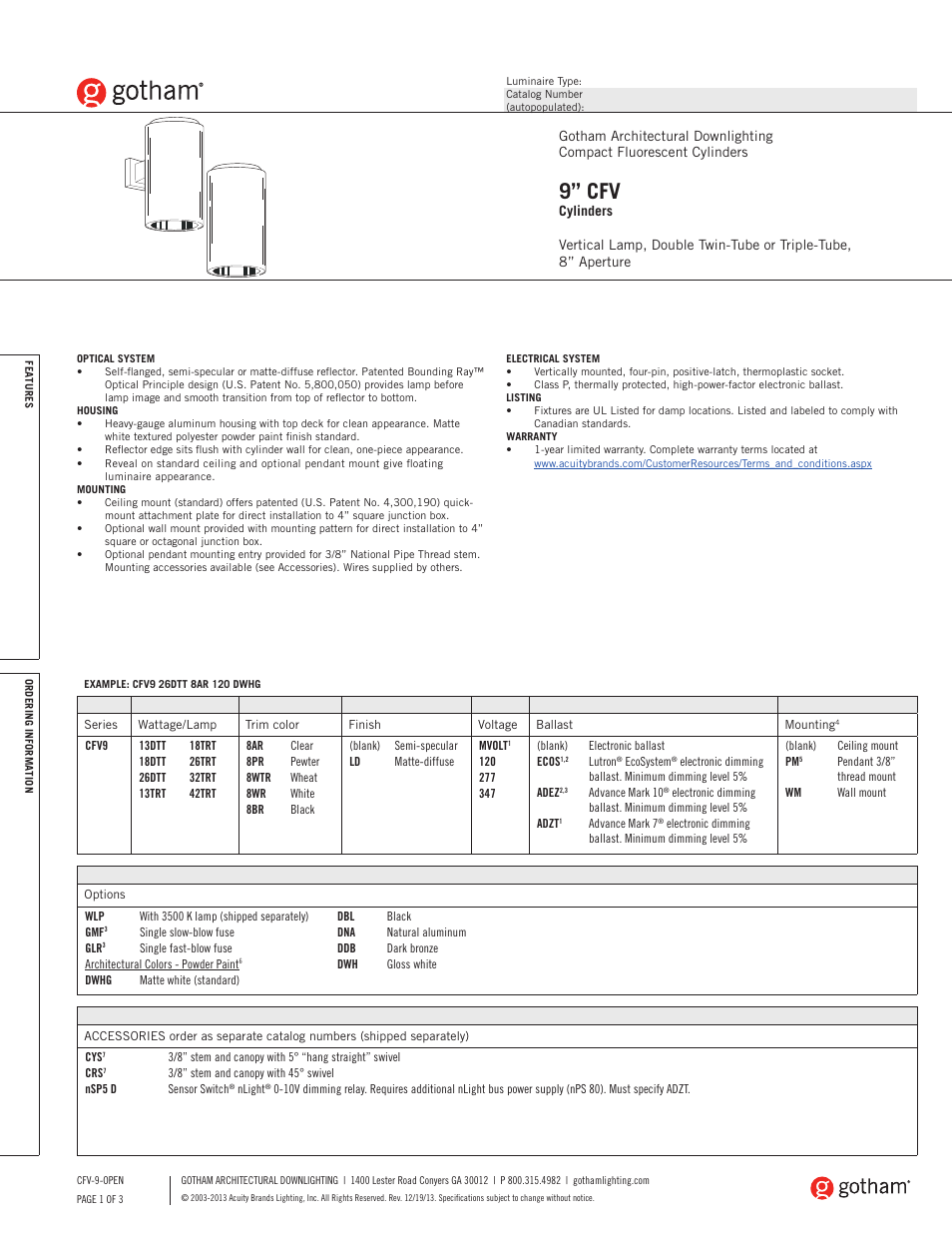 Gotham 9 CFV Cylinders SpecSheet User Manual | 3 pages