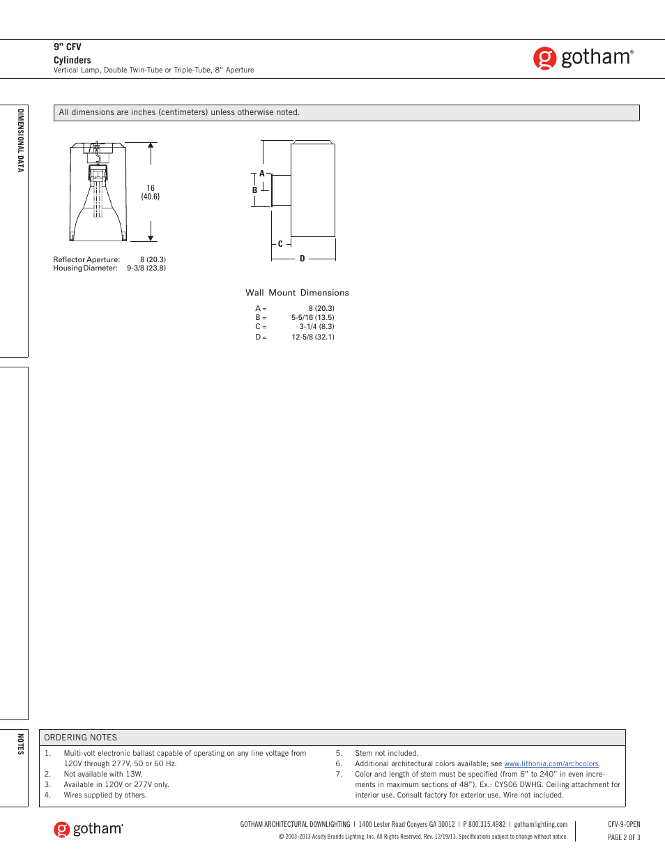 9” cfv cylinders | Gotham 9 CFV Cylinders SpecSheet User Manual | Page 2 / 3