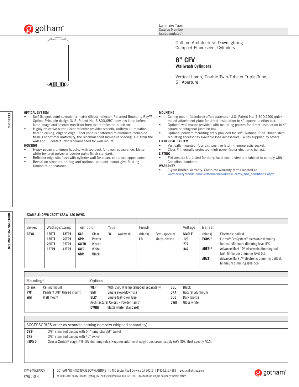 Gotham 8 CFV Wallwash Cylinders SpecSheet User Manual | 4 pages