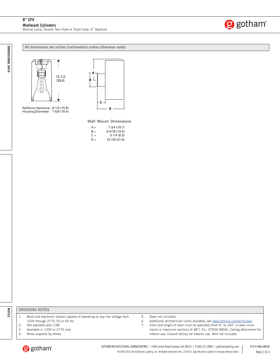 8” cfv wallwash cylinders | Gotham 8 CFV Wallwash Cylinders SpecSheet User Manual | Page 2 / 4