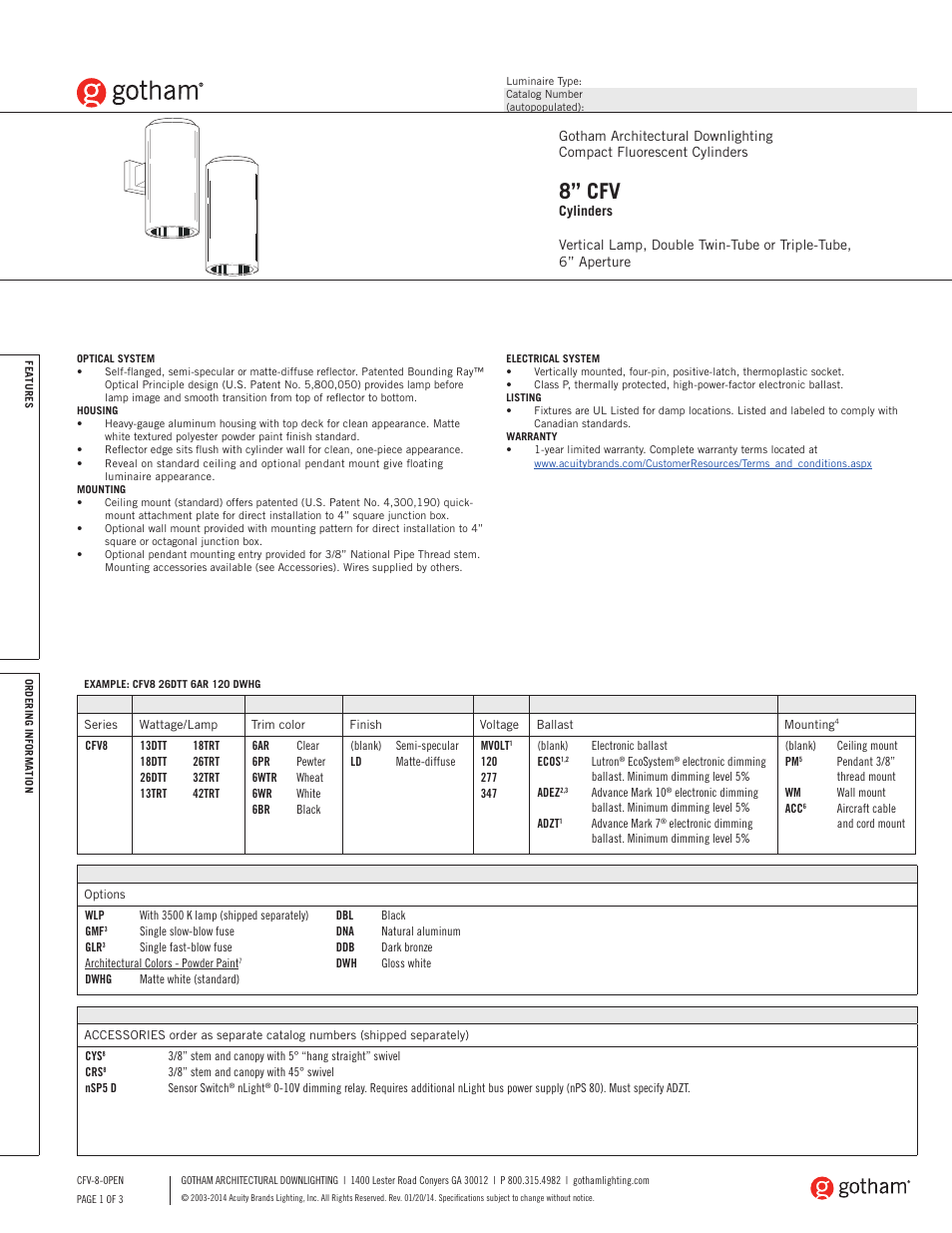 Gotham 8 CFV Cylinders SpecSheet User Manual | 3 pages