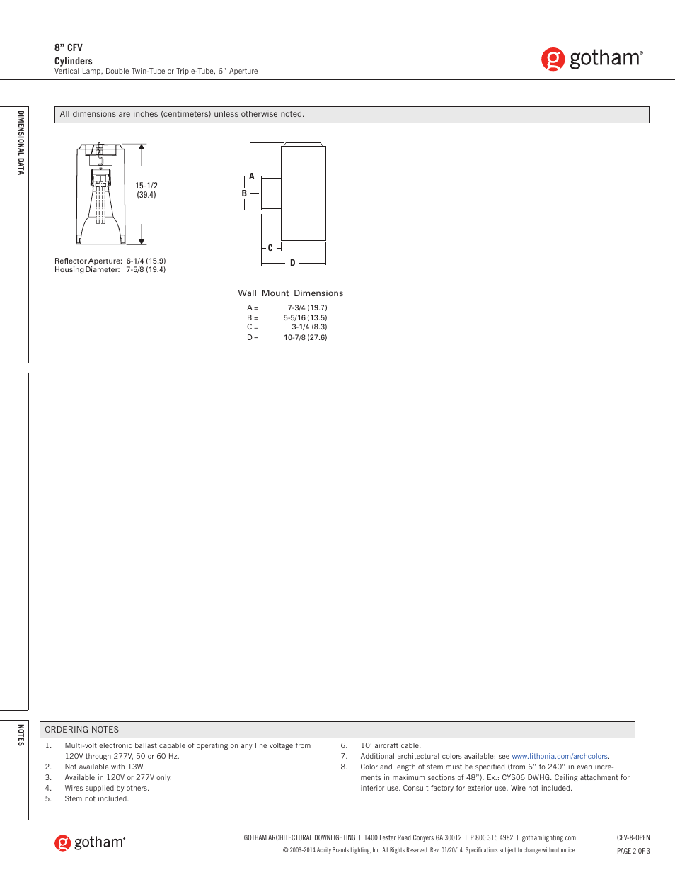 8” cfv cylinders | Gotham 8 CFV Cylinders SpecSheet User Manual | Page 2 / 3