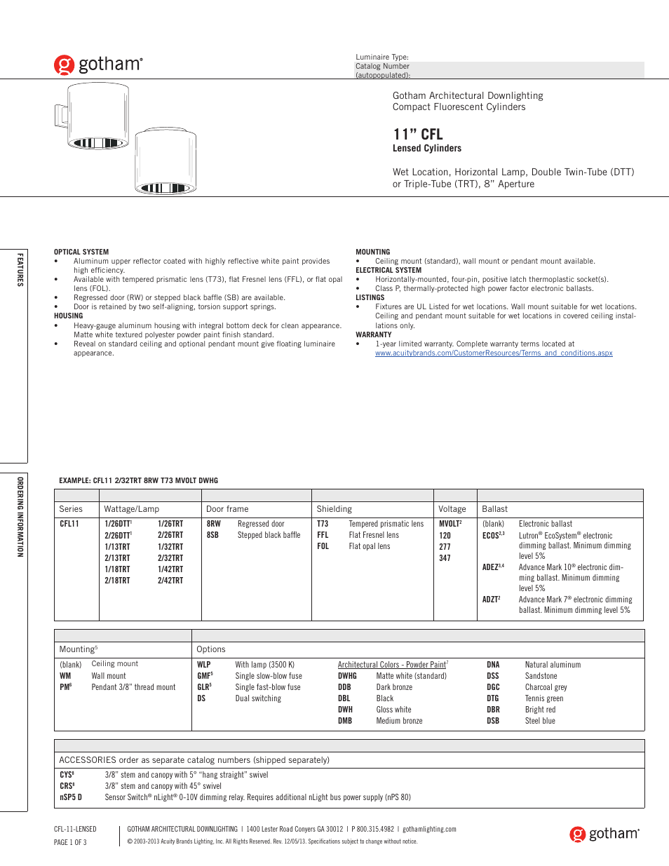 Gotham 11 CFL Lensed Cylinders SpecSheet User Manual | 3 pages