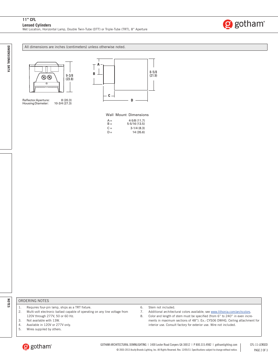 11” cfl lensed cylinders | Gotham 11 CFL Lensed Cylinders SpecSheet User Manual | Page 2 / 3