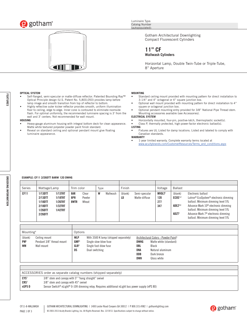 Gotham 11 CF Wallwash Cylinders SpecSheet User Manual | 3 pages