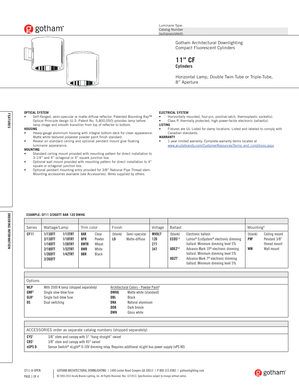 Gotham 11 CF Cylinders SpecSheet User Manual | 4 pages