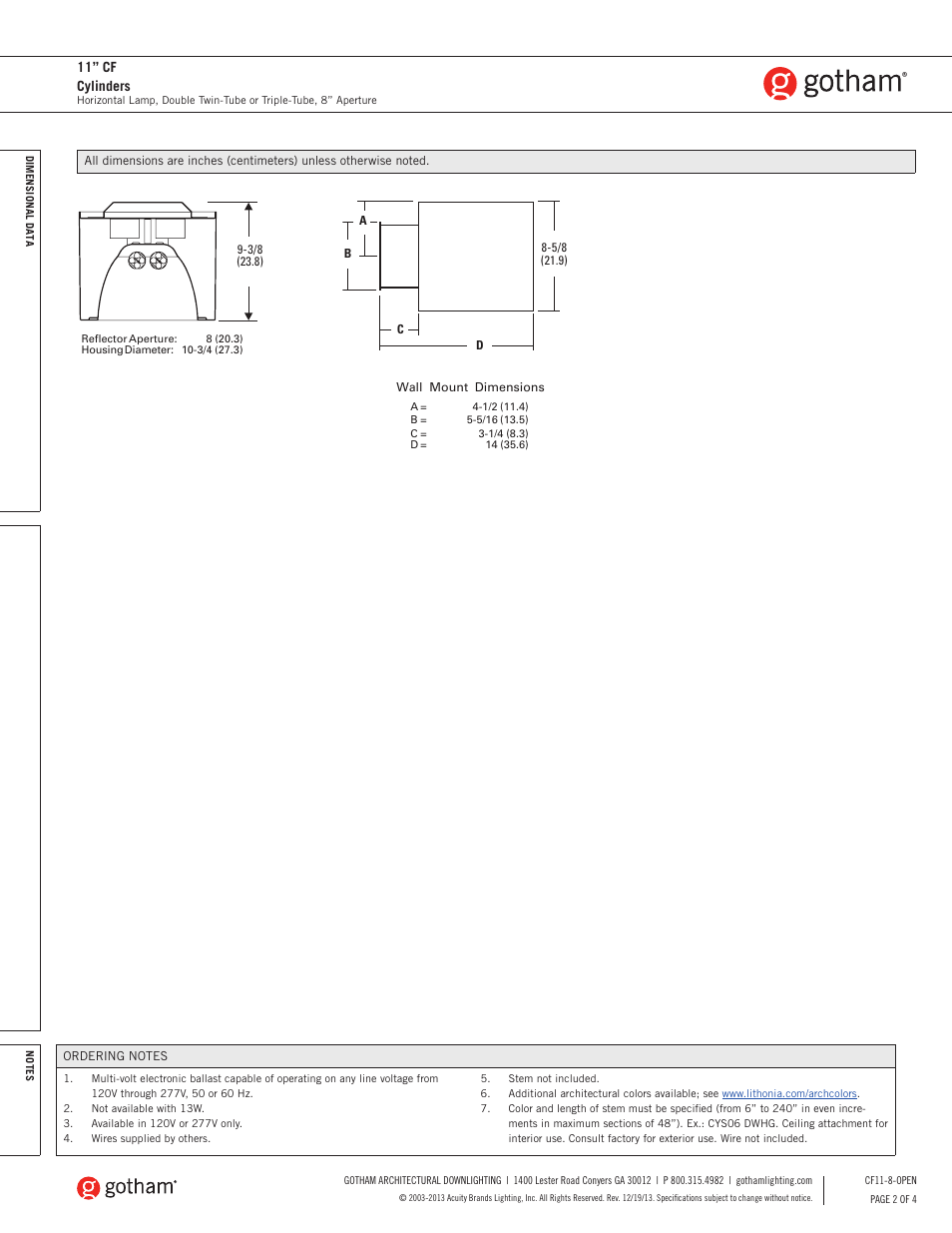 11” cf cylinders | Gotham 11 CF Cylinders SpecSheet User Manual | Page 2 / 4