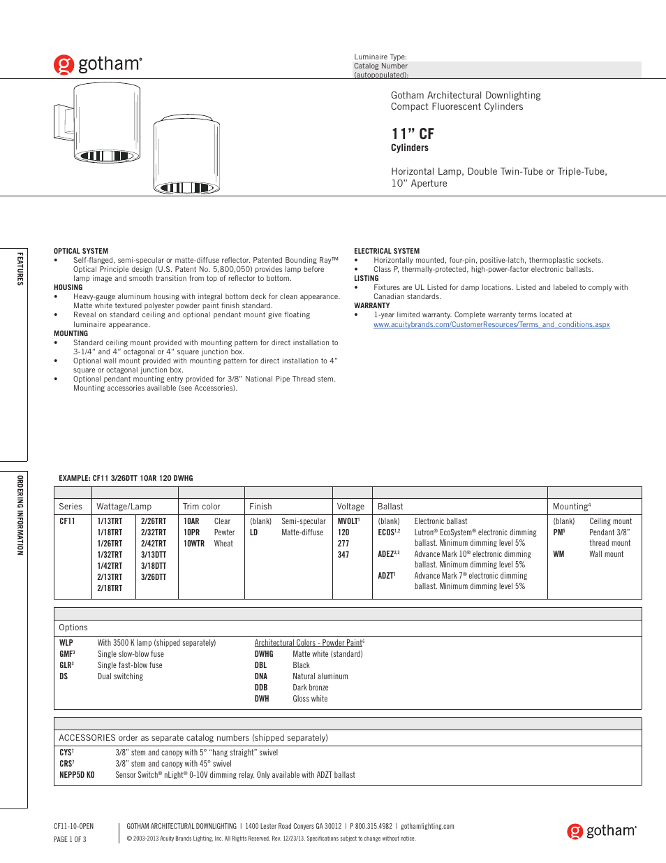 Gotham 10 CF Cylinders SpecSheet User Manual | 3 pages