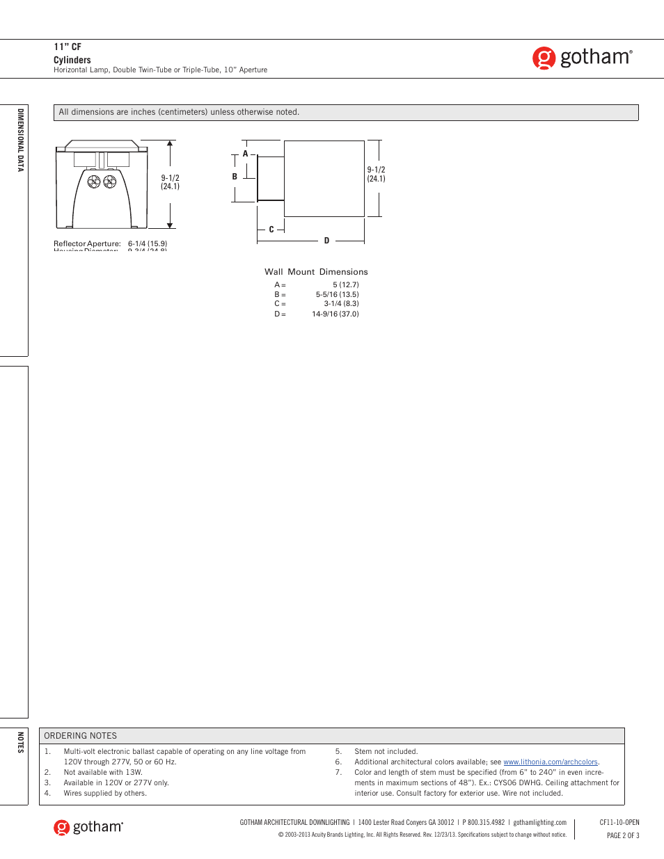 11” cf cylinders | Gotham 10 CF Cylinders SpecSheet User Manual | Page 2 / 3