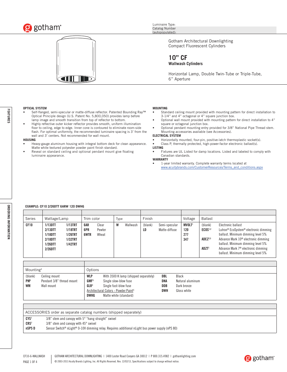 Gotham 10 CF Wallwash Cylinders SpecSheet User Manual | 4 pages