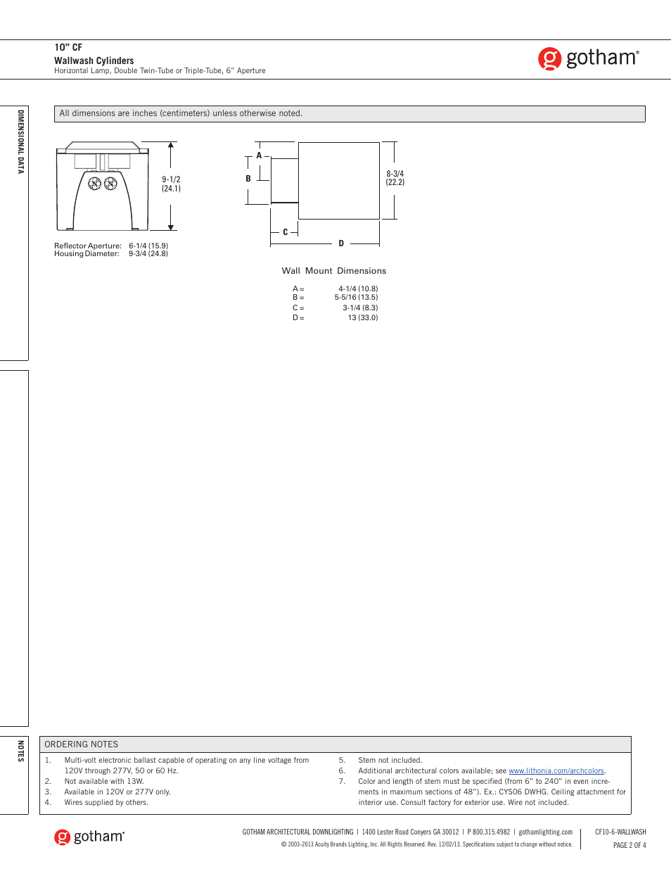 10” cf wallwash cylinders | Gotham 10 CF Wallwash Cylinders SpecSheet User Manual | Page 2 / 4