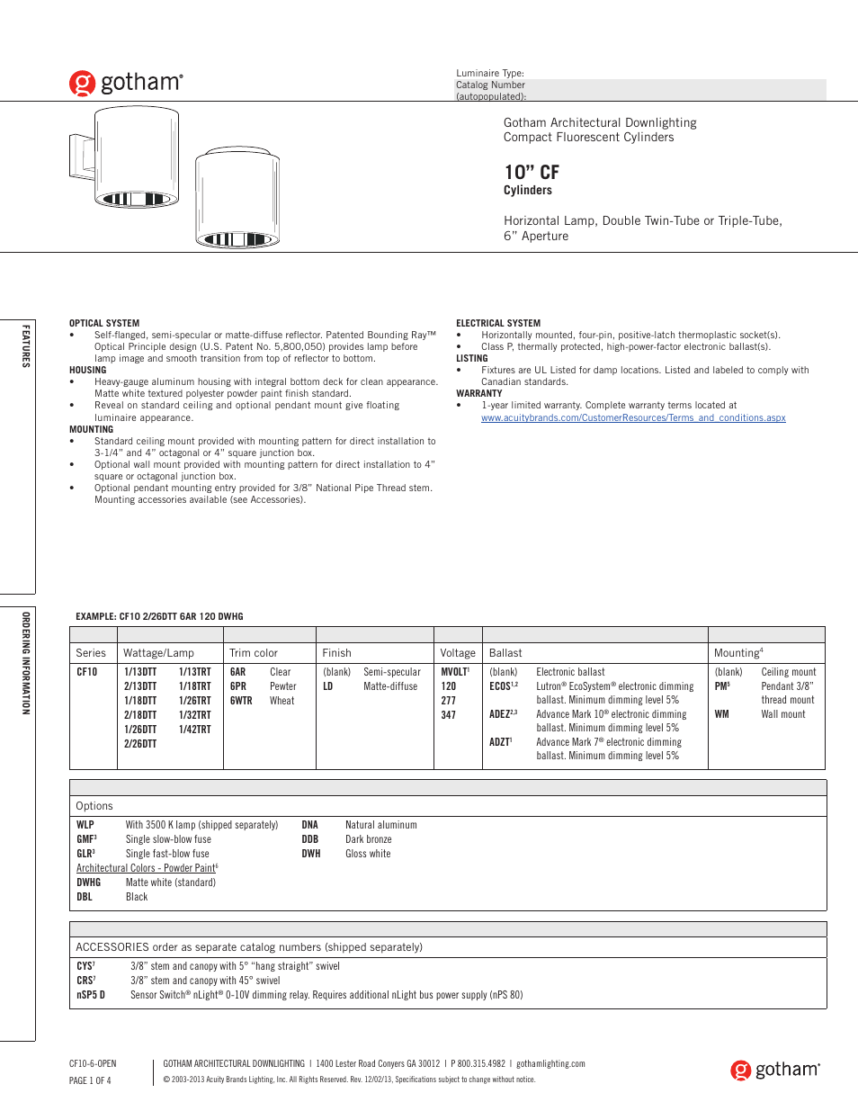 Gotham 10 CF Cylinders 6 Aperture SpecSheet User Manual | 4 pages