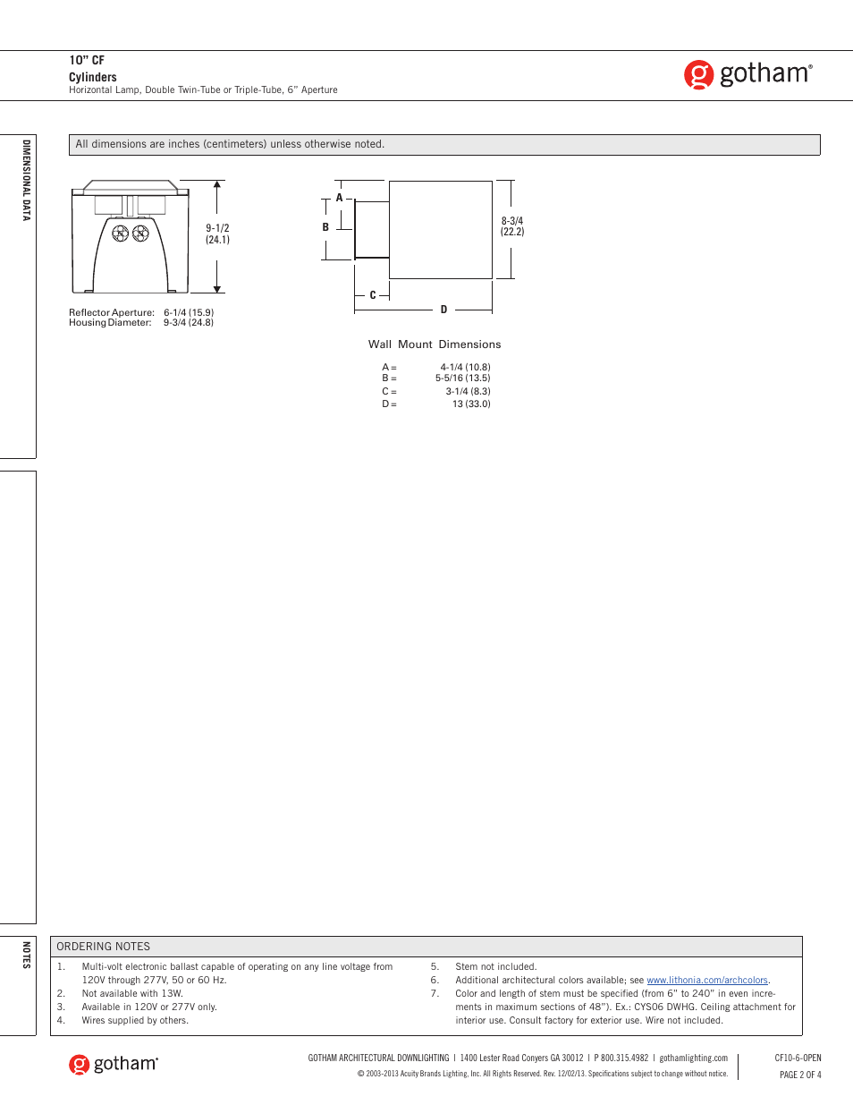 10” cf cylinders | Gotham 10 CF Cylinders 6 Aperture SpecSheet User Manual | Page 2 / 4