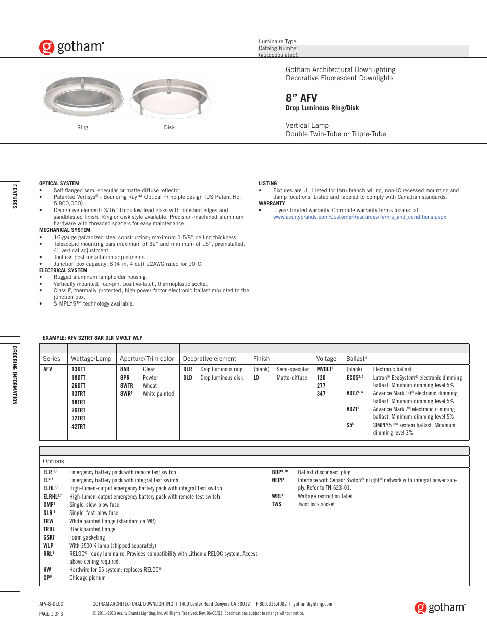 Gotham 8 AFV Drop Luminous Ring_Disk SpecSheet User Manual | 3 pages