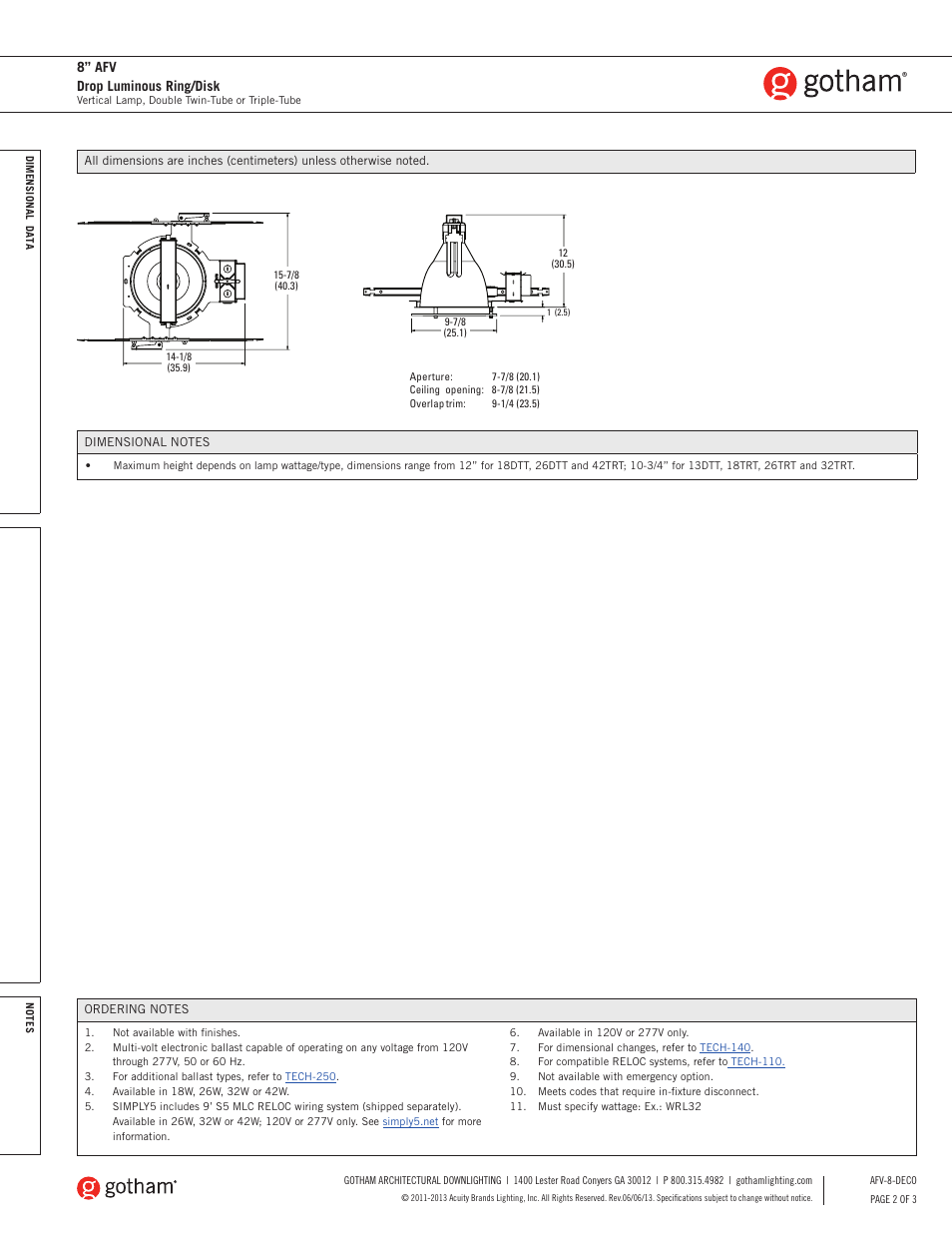 8” afv drop luminous ring/disk | Gotham 8 AFV Drop Luminous Ring_Disk SpecSheet User Manual | Page 2 / 3