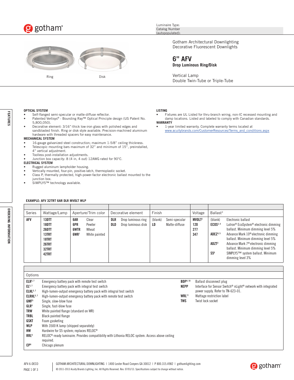 Gotham 6 AFV Drop Luminous Ring_Disk SpecSheet User Manual | 3 pages