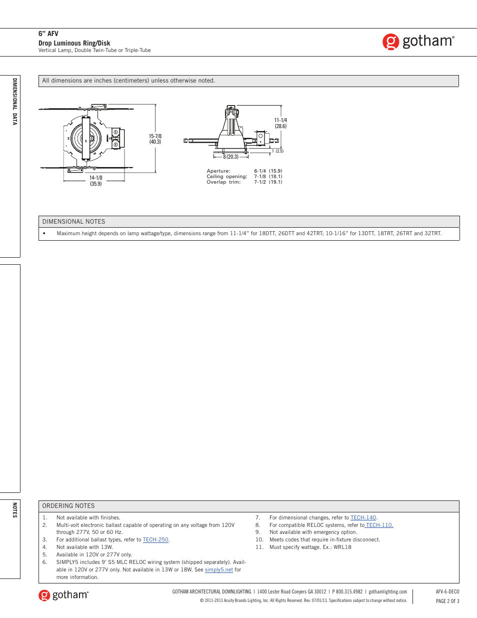 6” afv drop luminous ring/disk | Gotham 6 AFV Drop Luminous Ring_Disk SpecSheet User Manual | Page 2 / 3