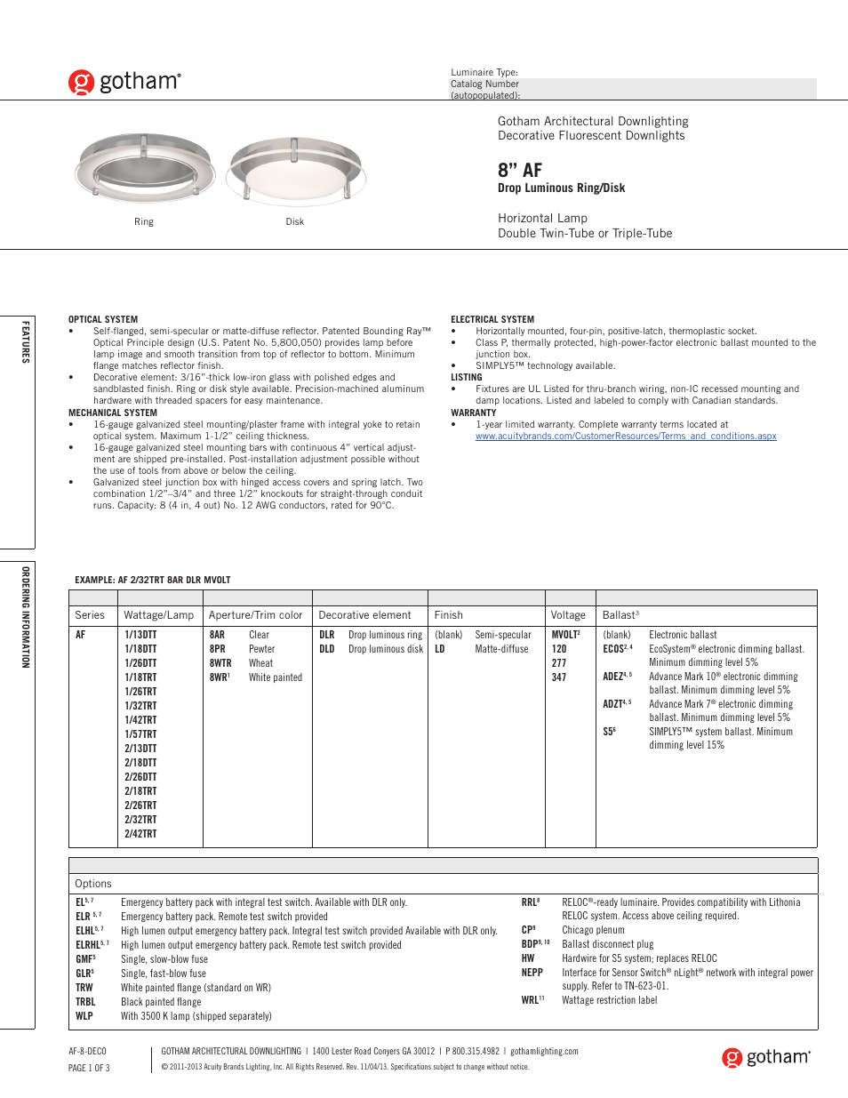 Gotham 8 AF Drop Luminous Ring_Disk SpecSheet User Manual | 3 pages