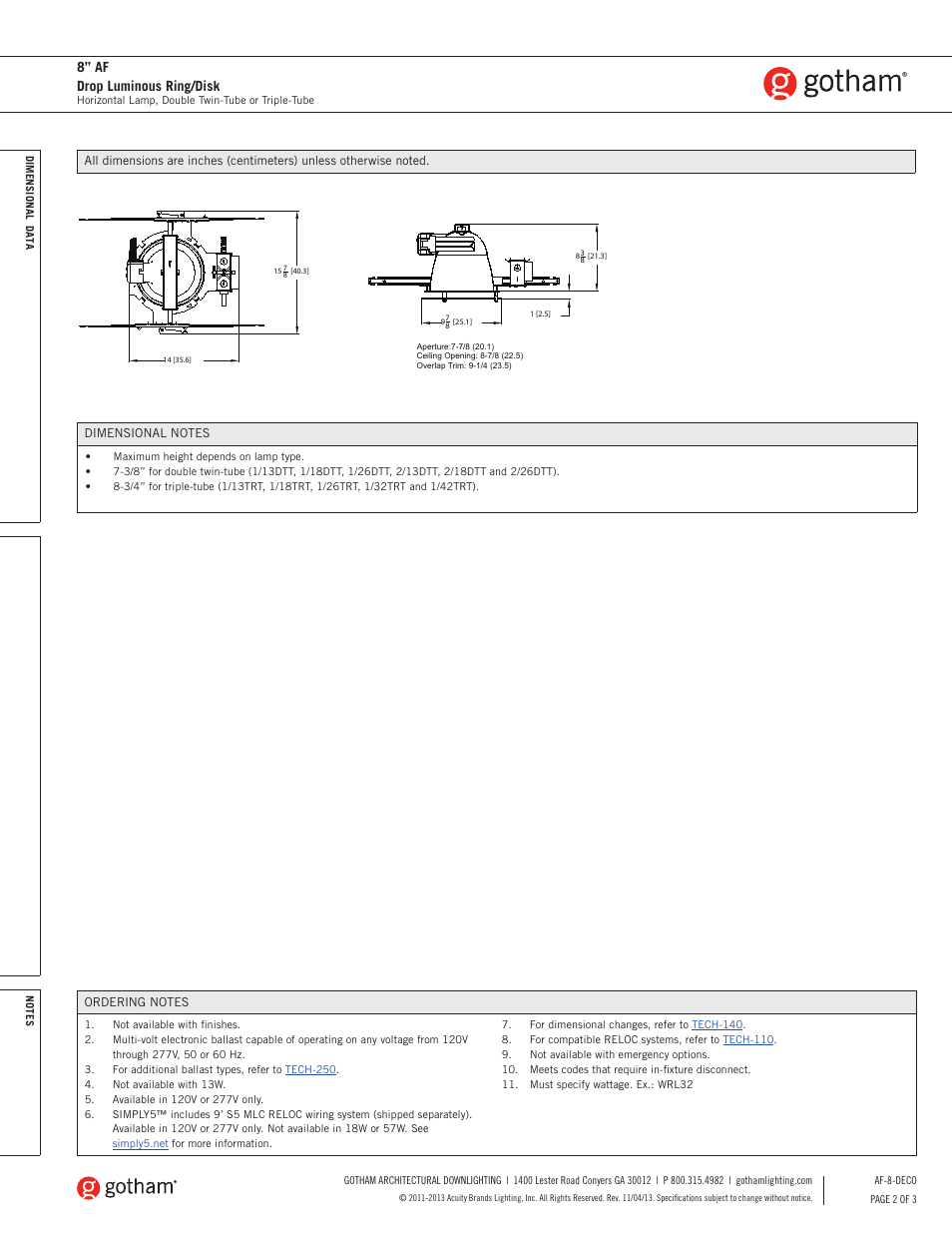 8” af drop luminous ring/disk | Gotham 8 AF Drop Luminous Ring_Disk SpecSheet User Manual | Page 2 / 3