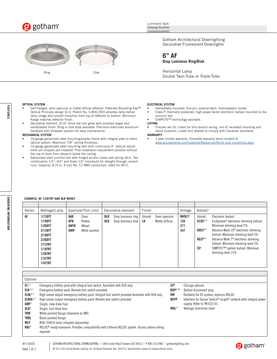 Gotham 6 AF Drop Luminous Ring_Disk SpecSheet User Manual | 3 pages