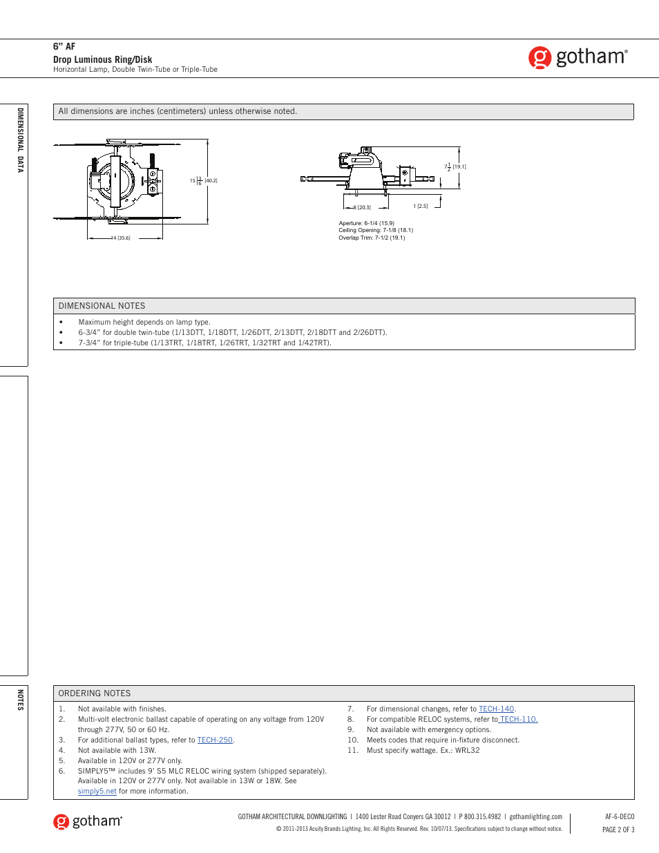 6” af drop luminous ring/disk | Gotham 6 AF Drop Luminous Ring_Disk SpecSheet User Manual | Page 2 / 3