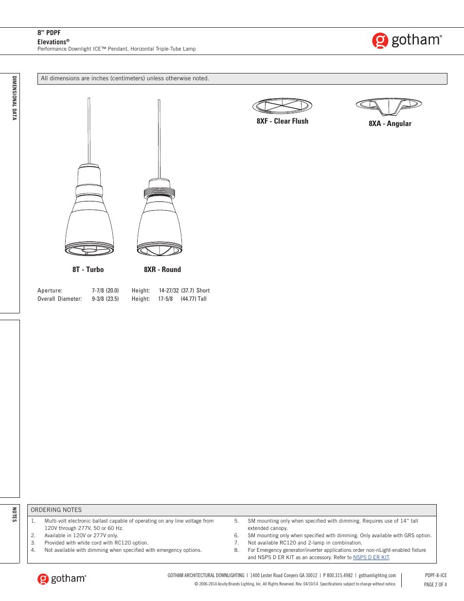 8t - turbo 8xr - round, 8xa - angular 8xf - clear flush | Gotham 8 PDPF Elevations Ice SpecSheet User Manual | Page 2 / 4