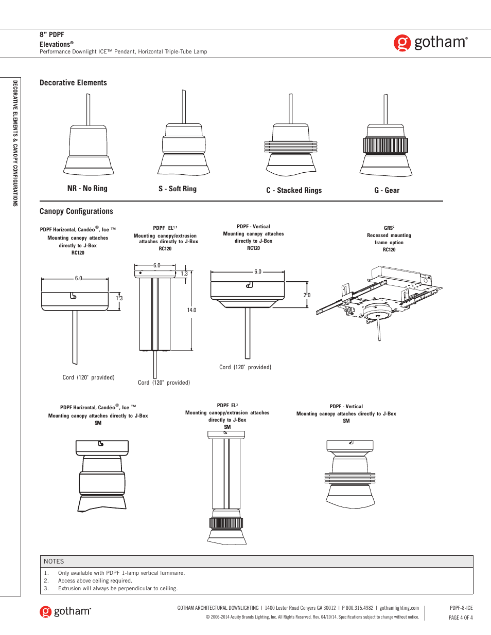 Decorative elements, Canopy configurations, 8” pdpf elevations | Gotham 8 PDPF Elevations Ice SpecSheet User Manual | Page 4 / 4