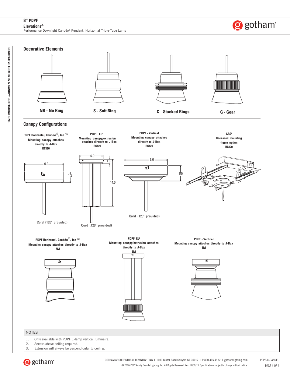 Canopy configurations decorative elements, 8” pdpf elevations | Gotham 8 PDPF Elevations Candéo SpecSheet User Manual | Page 4 / 4