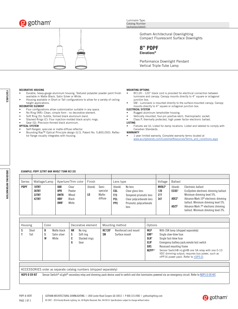 Gotham 8 PDPF Elevations Vert SpecSheet User Manual | 3 pages