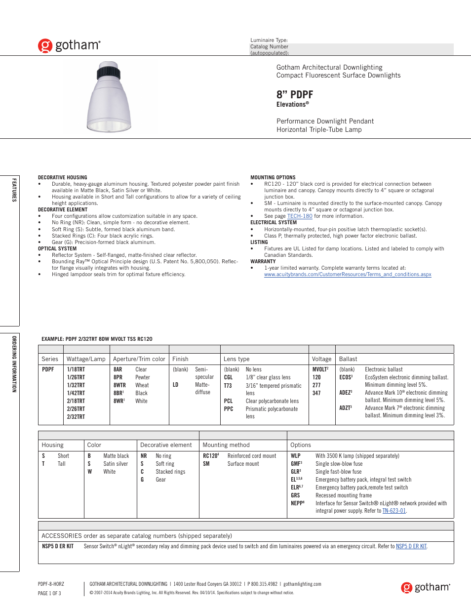 Gotham 8 PDPF Elevations Horz SpecSheet User Manual | 3 pages