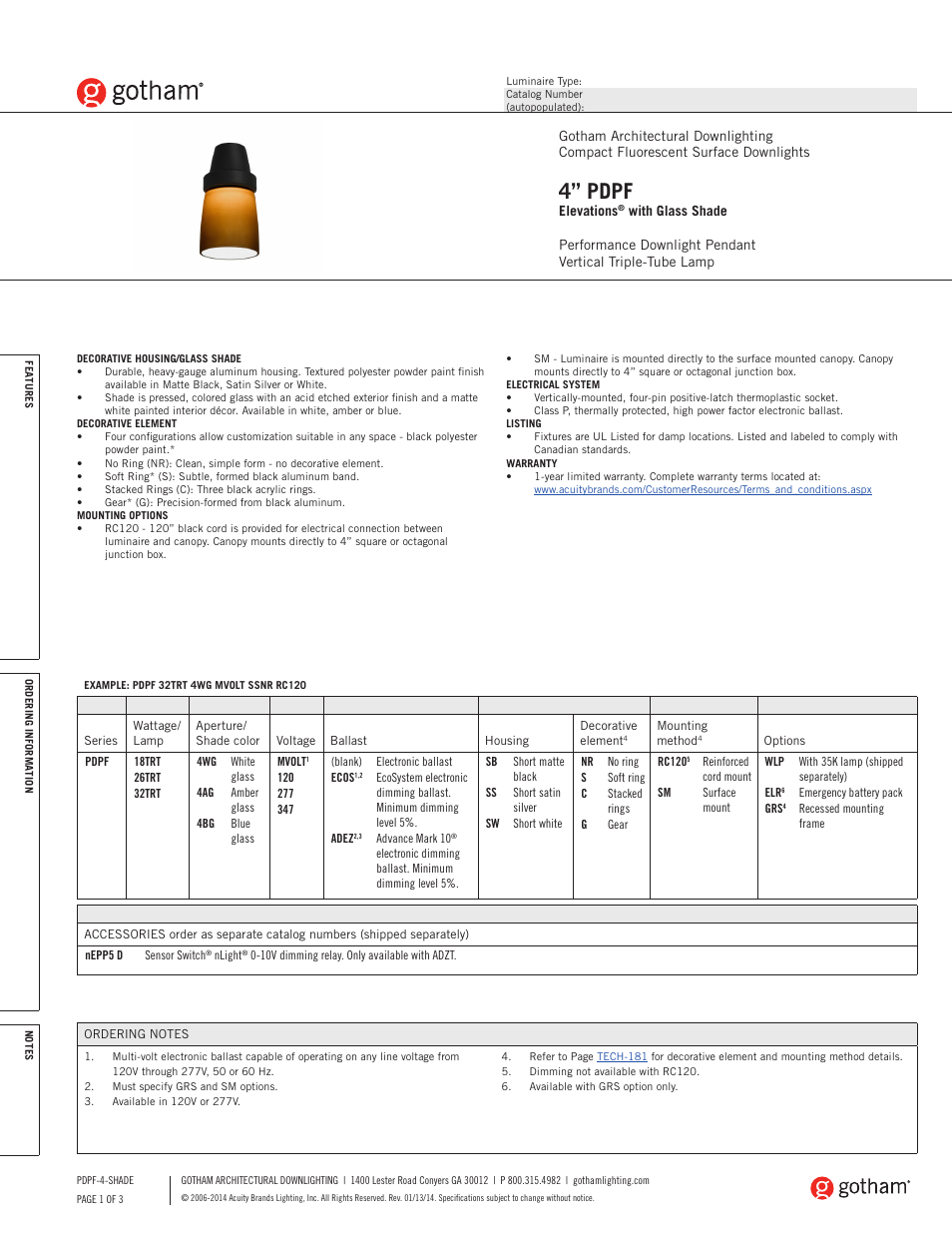 Gotham 4 PDPF Elevations with Glass Shade SpecSheet User Manual | 3 pages
