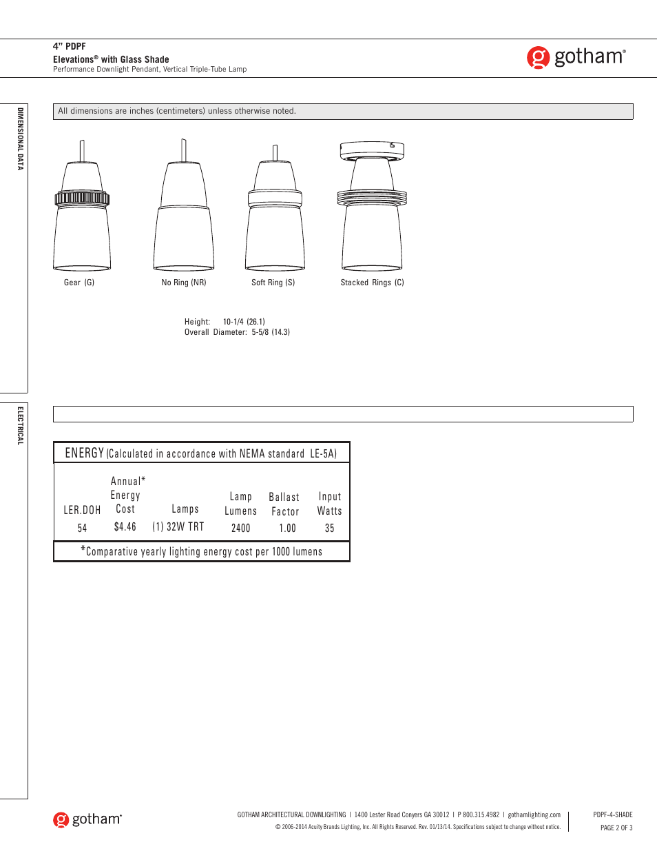 Energy, Calculated in accordance with nema standard le-5a) | Gotham 4 PDPF Elevations with Glass Shade SpecSheet User Manual | Page 2 / 3